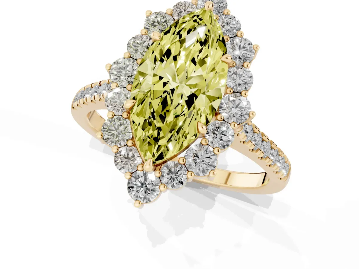 Fancy Yellow Marquise Cut Halo Diamond Ring with Pavé Band and Prong Setting Yellow gold