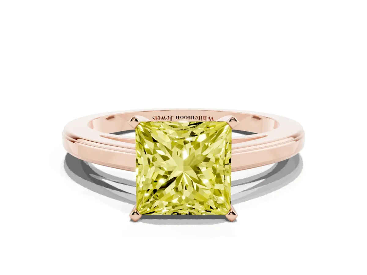 Fancy Yellow Princess Cut Solitaire Diamond Ring with Four-Prong Setting and Classic Band Rose gold