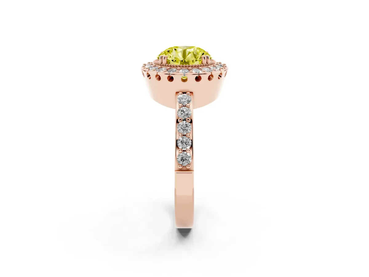 Fancy Yellow Round Cut Diamond Halo Ring with Pavé Band and Prong Setting Rose gold