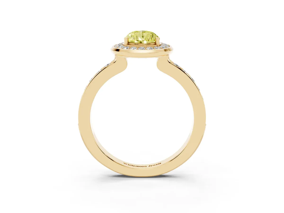 Fancy Yellow Pear Cut Diamond Halo Ring with Bezel Frame and Pavé Band Yellow gold