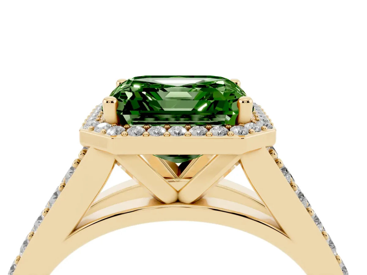 Fancy Green Asscher Cut Diamond Split Shank Halo Ring with Four-Prong Setting Yellow gold
