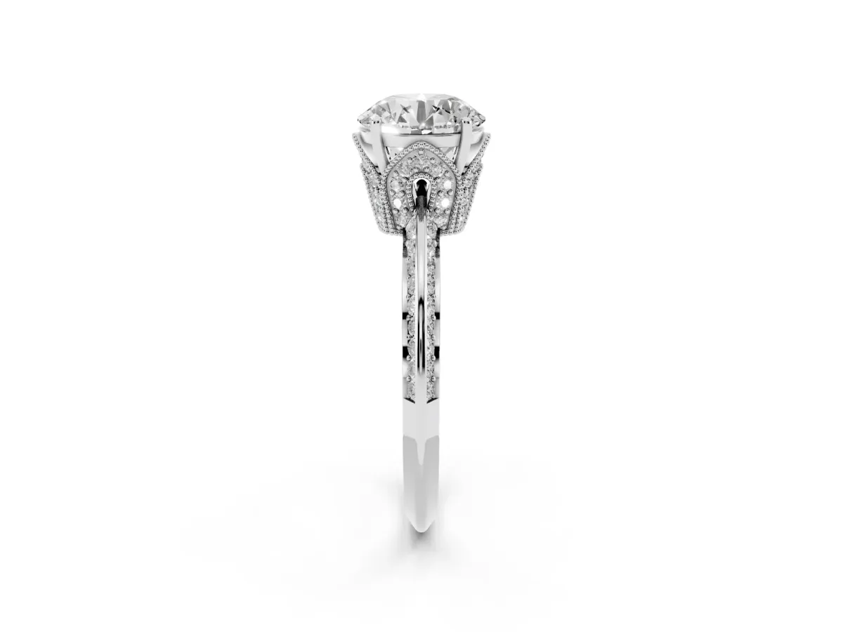 Round Cut Solitaire Split Shank Pave Diamond Engagement Ring with Four-Prong Setting Silver