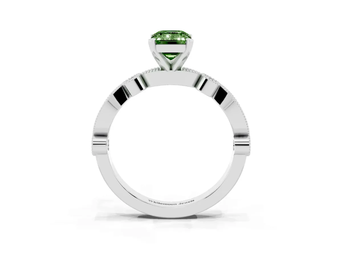 Fancy Green Emerald Cut Milgrain Bezel Diamond Engagement Ring with Solitaire Prong Setting Silver
