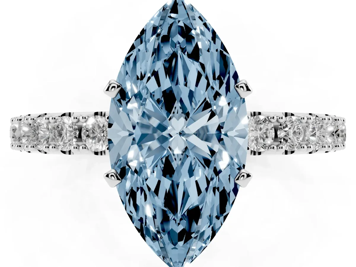 Fancy Blue Marquise Cut Diamond Solitaire Pavé Band with Four-Prong Setting Silver