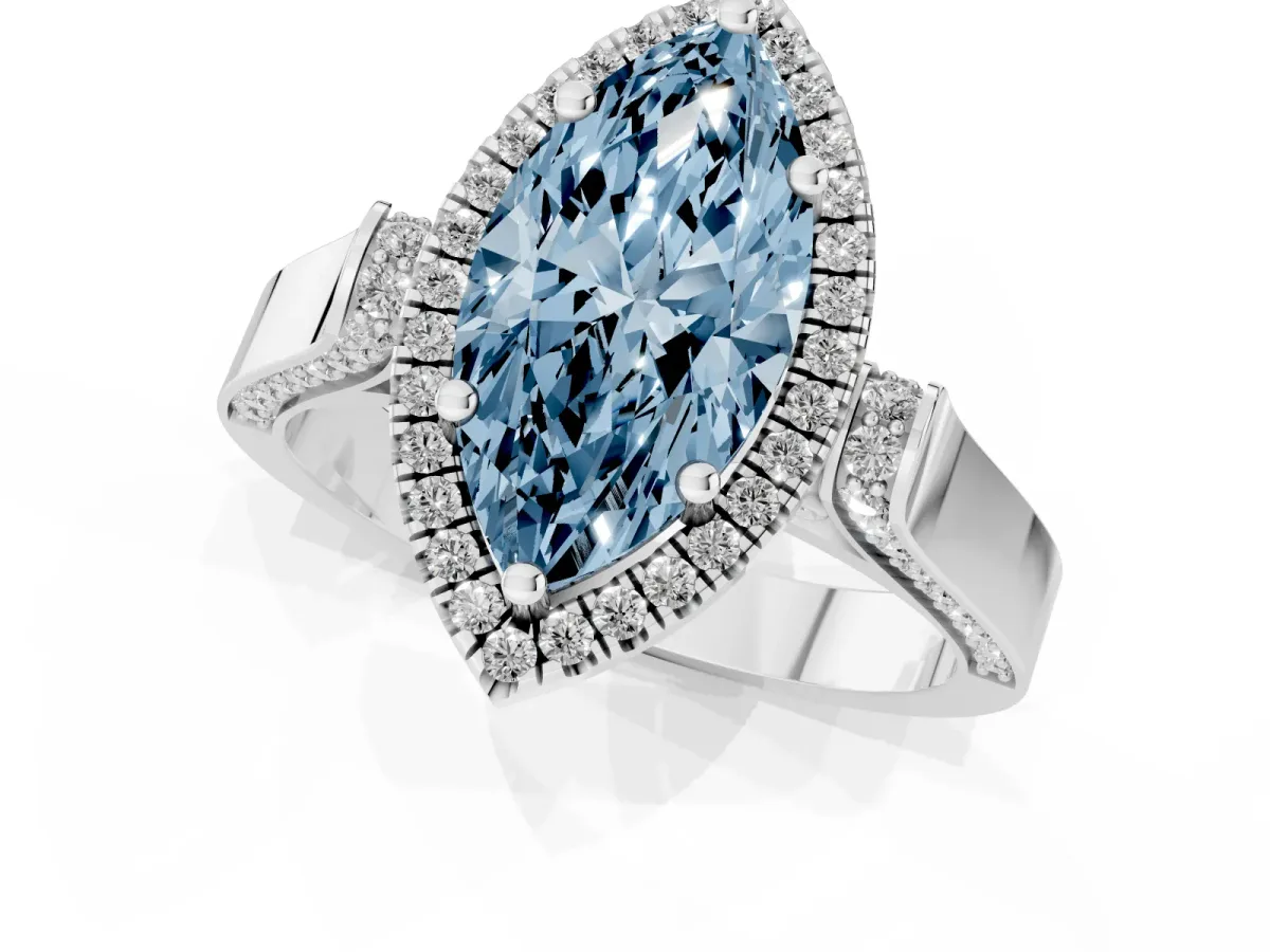 Fancy Blue Marquise Cut Halo Round Diamond Twist Band with Four-Prong Setting White gold