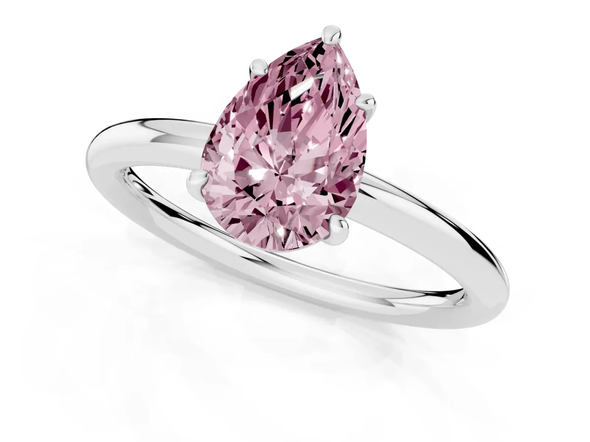 Fancy Pink Pear Cut Solitaire Diamond Ring with Four-Prong Setting on a Plain Band Platinum