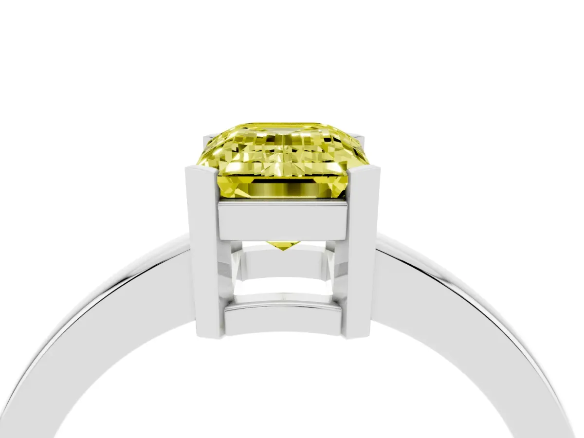 Fancy Yellow Emerald Cut Cut Solitaire Ring with Four-Prong Setting and Classic Band Silver