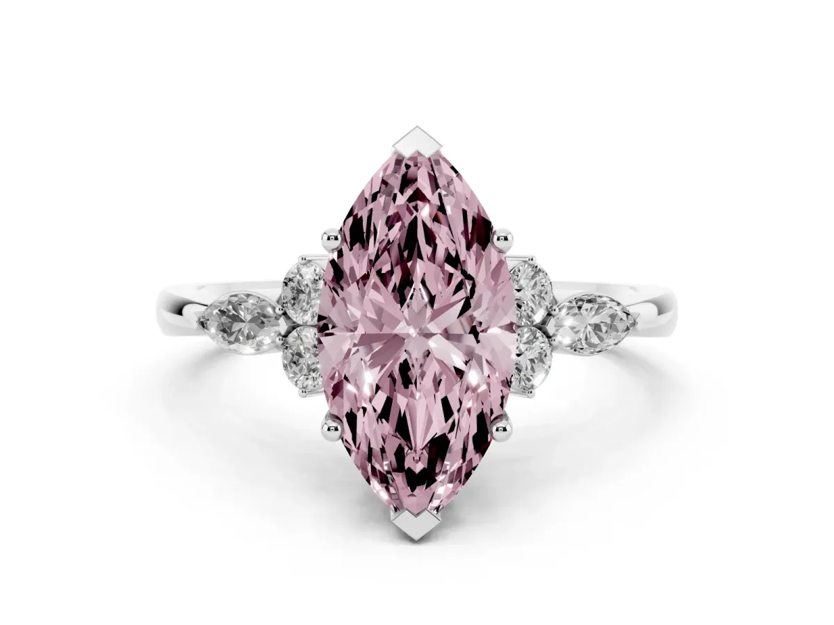 Fancy Pink Marquise Cut Brilliant Diamond Solitaire Ring with Pear Side Stones and Four-Prong Setting Silver
