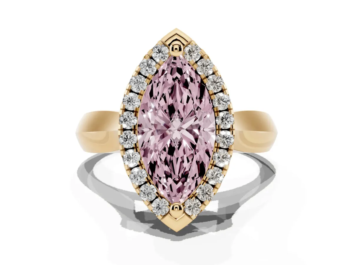 Fancy Pink Marquise Cut Cut Halo Solitaire Engagement Ring with Square Band and Four-Prong Setting Yellow gold