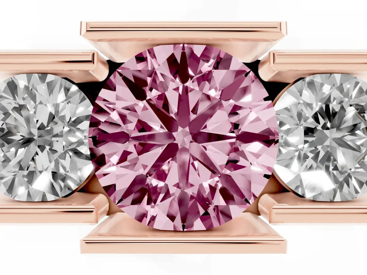 Fancy Pink Three Stone Round Cut Cut Channel Set Diamond Ring Rose gold