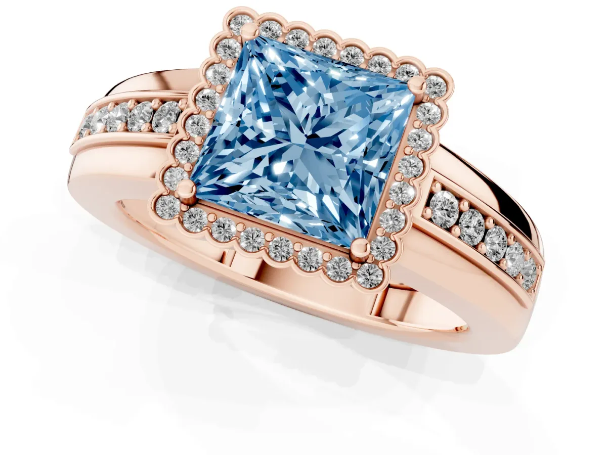Fancy Blue Princess Cut Cut Halo Pave Band Four-Prong Ring Rose gold