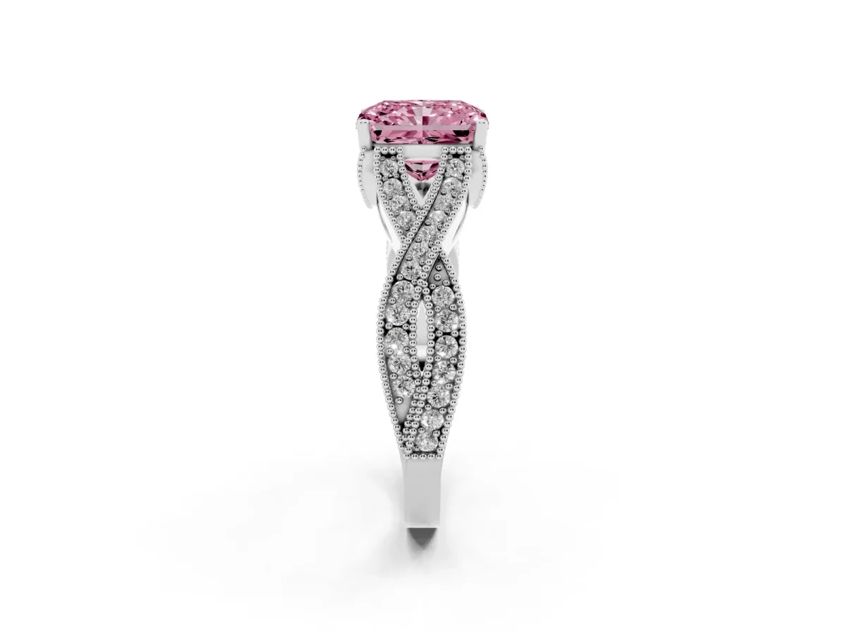 Fancy Pink Radiant Cut Cut Diamond Twisted Band with Milgrain Pave Setting and Four-Prong Setting White gold
