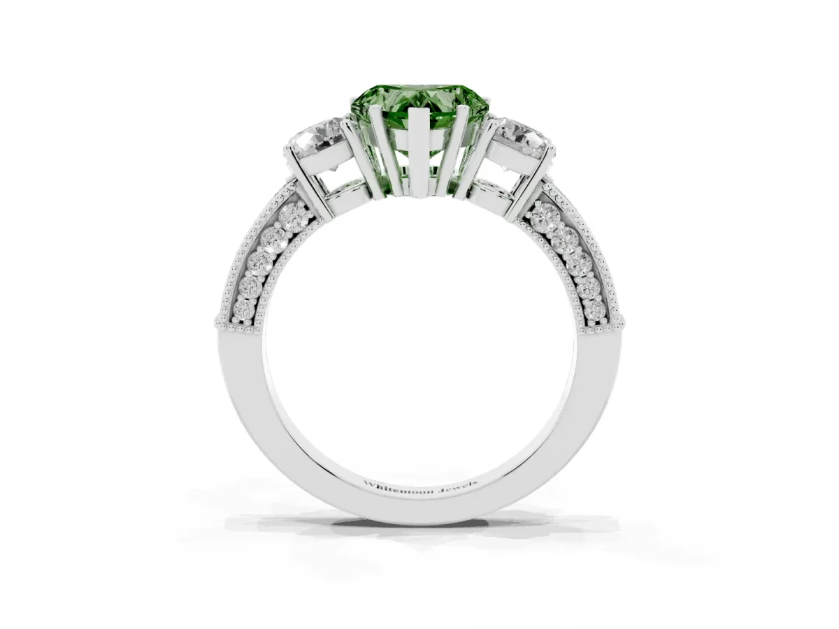 Fancy Green Heart Cut Three-Stone Diamond Ring with Pavé Band and Four-Prong Setting Silver