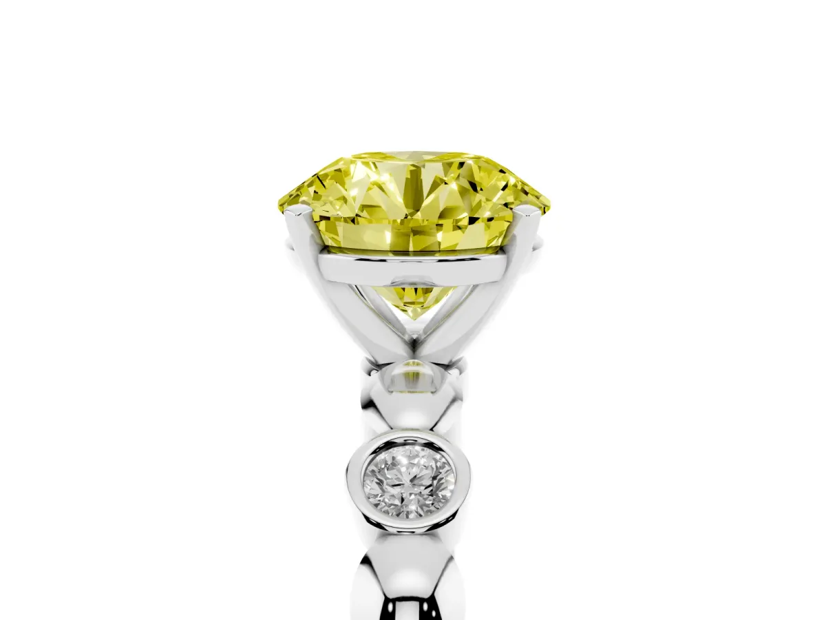 Fancy Yellow Round Cut Solitaire Bezel-Set Diamond Ring with Beaded Band and Four-Prong Setting Platinum