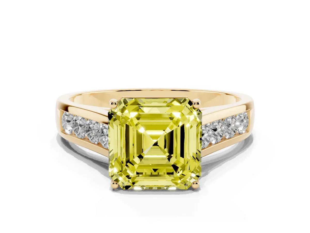 Fancy Yellow Asscher Cut Brilliant Channel-Set Solitaire Ring with Four-Prong Setting Yellow gold