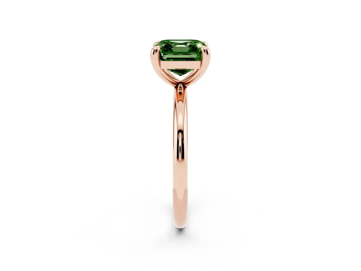 Fancy Green Asscher Cut Solitaire Diamond Ring with Four-Prong Setting on a Plain Band Rose gold