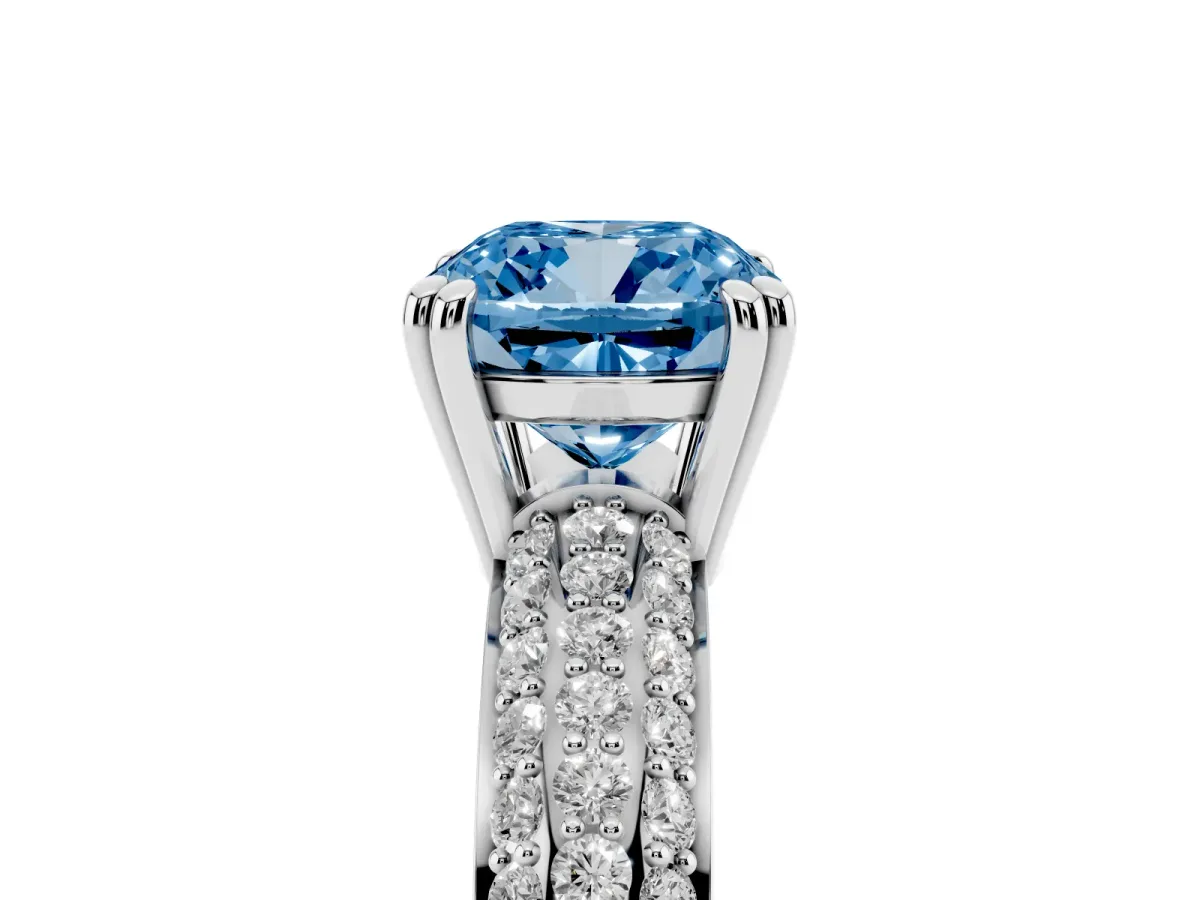 Fancy Blue Cushion Cut Diamond Solitaire Ring with Multi-Row Round Pavé Band and Prong Setting Silver