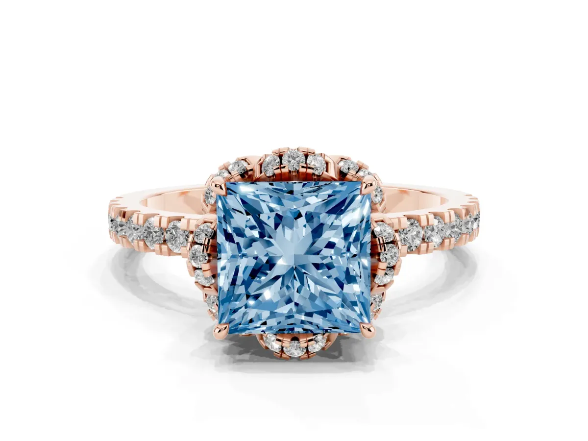 Fancy Blue Princess Cut Halo Diamond Pave Band Ring with Four-Prong Setting Rose gold