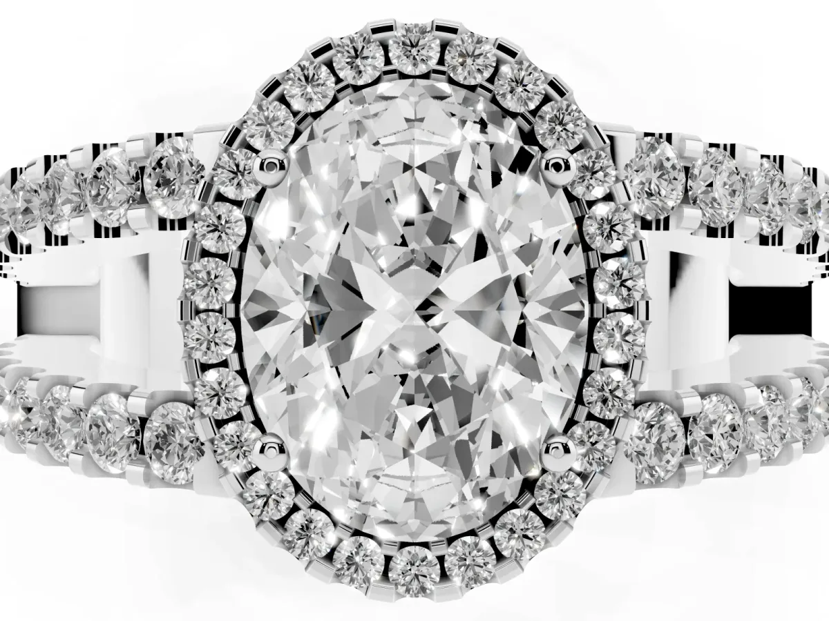 Oval Cut Cut Halo Split Shank Diamond Ring with Four-Prong Setting Silver
