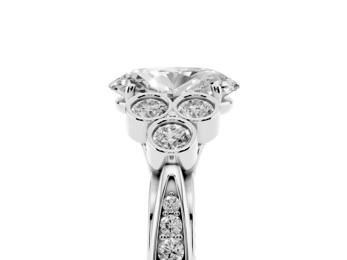 Oval Cut Cut Diamond Engagement Ring with Bezel Set Round Side Stones and Prong Setting Silver