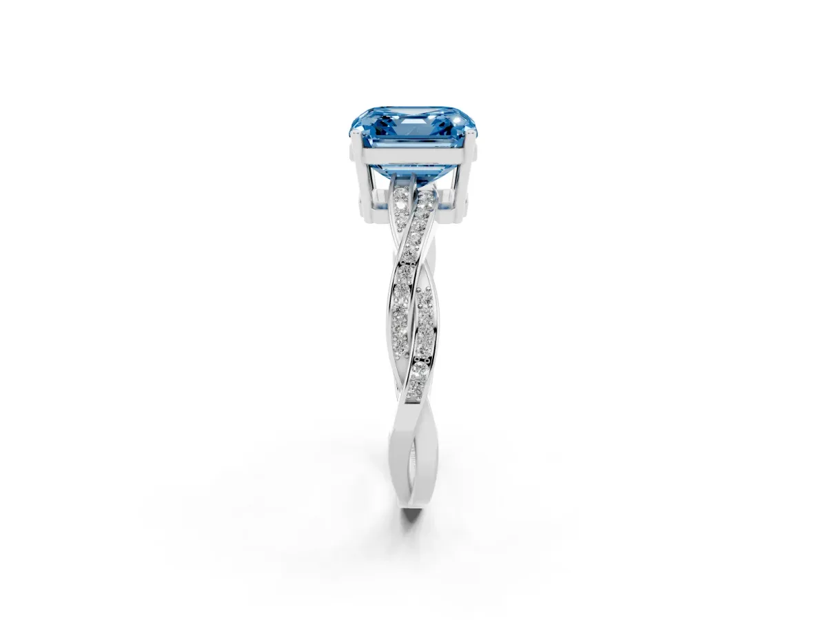 Fancy Blue Asscher Cut Solitaire Twisted Pave Diamond Ring with Four-Prong Setting Silver