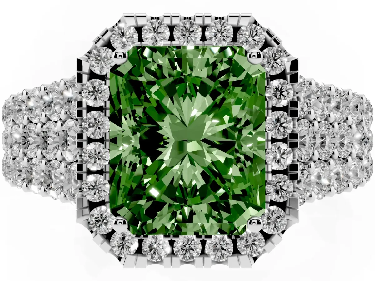 Fancy Green Radiant Cut Diamond Halo Engagement Ring with Triple Row Round Pavé Band and Prong Setting Silver