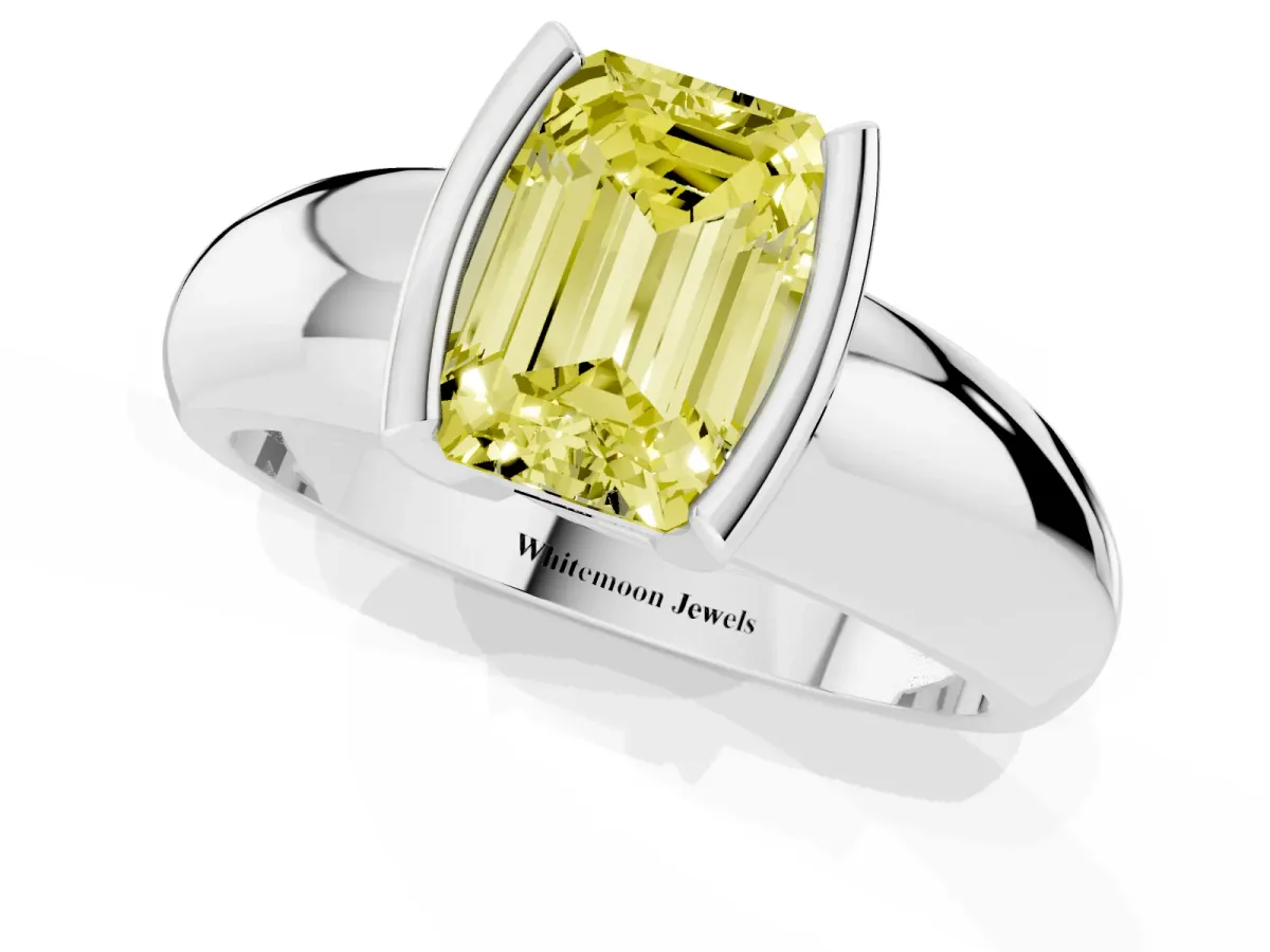 Fancy Yellow Emerald Cut Solitaire Tension Set Diamond Ring with Wide Band Silver