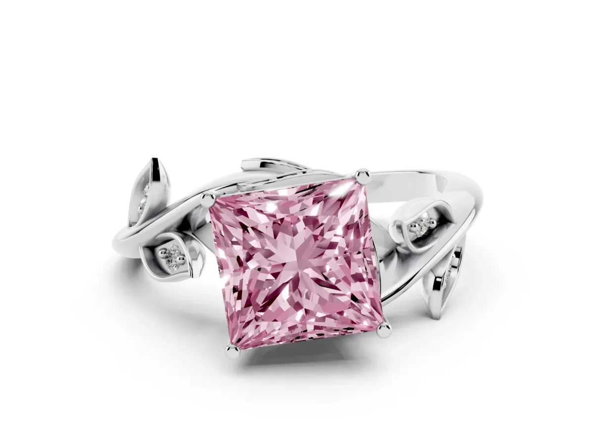 Fancy Pink Princess Cut Solitaire Twist Engagement Ring with Leaf Accents and Prong Setting Silver