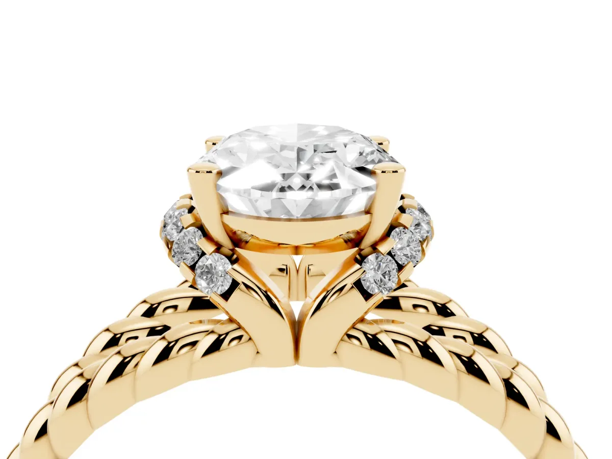 Oval Cut Halo Twisted Band Four-Prong Ring Yellow gold