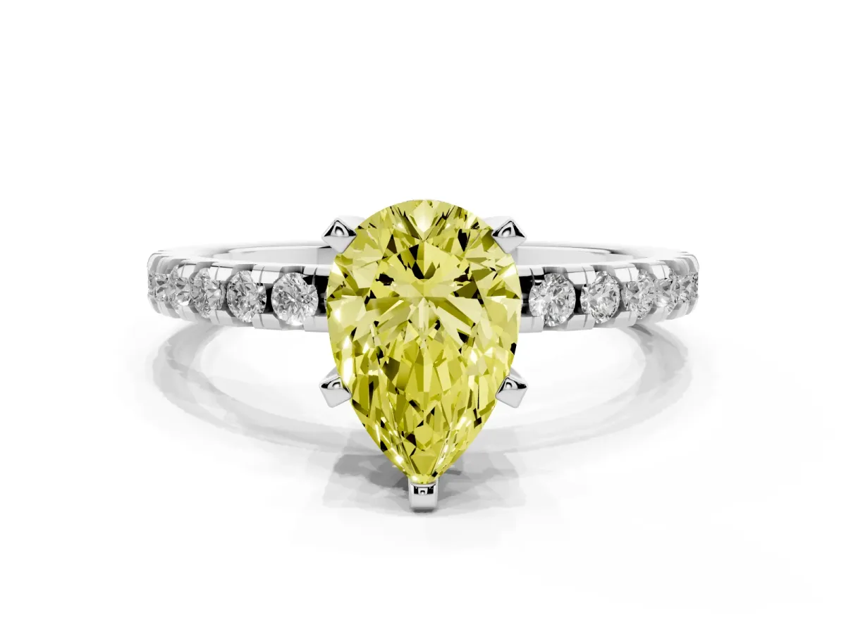 Fancy Yellow Pear Cut Diamond Solitaire Ring with Round Pavé Band and Four-Prong Setting Silver
