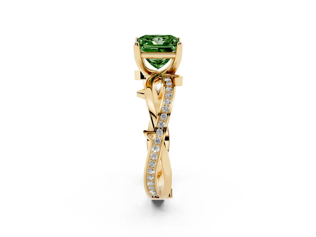 Fancy Green Princess Cut Solitaire Twist Band with Pavé Accents and Four-Prong Setting Yellow gold