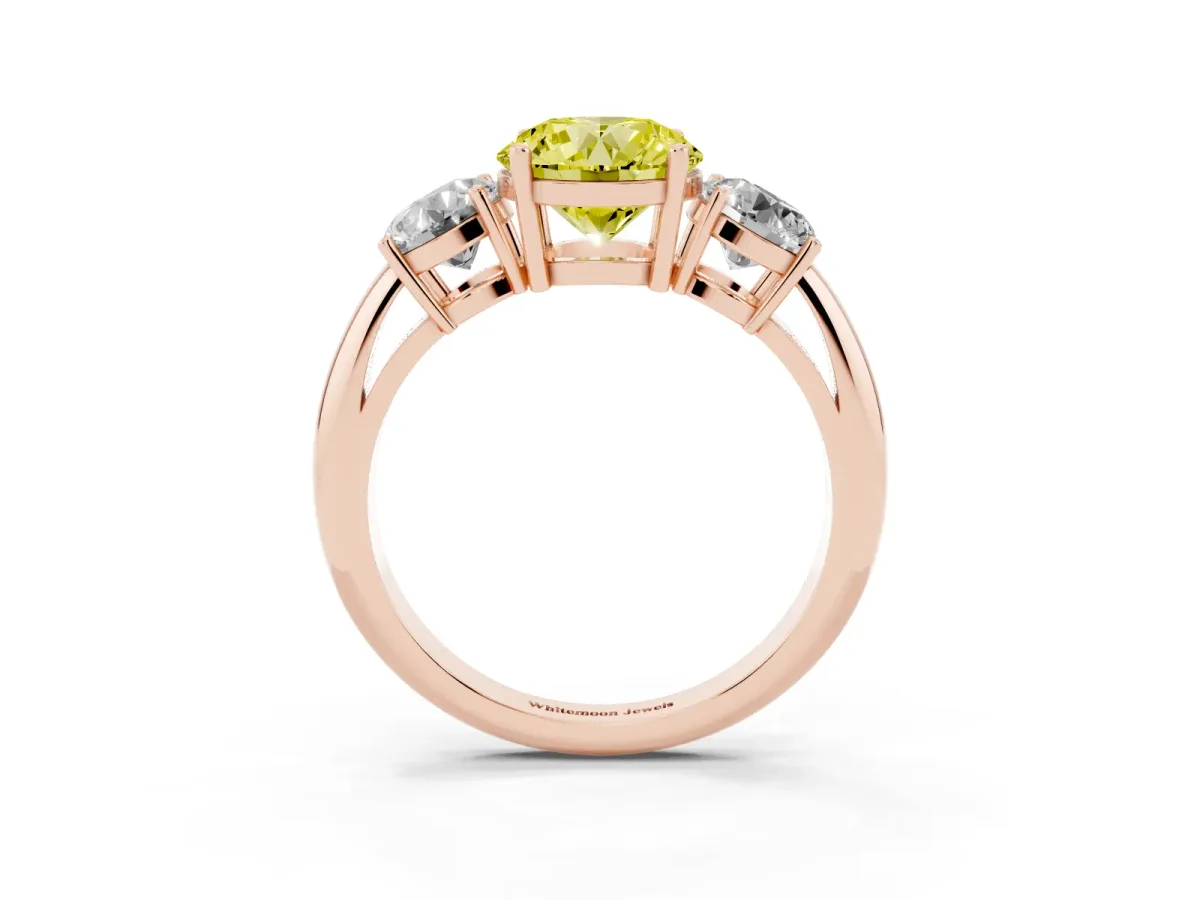 Fancy Yellow Three-Stone Round Cut Cut Diamond Engagement Ring with Prong Setting on a White Gold Band Rose gold