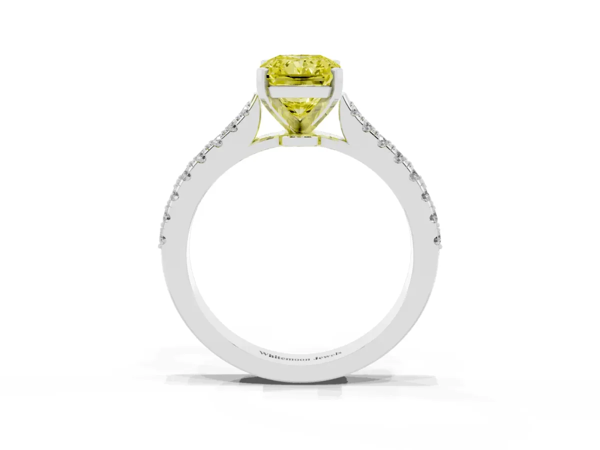 Fancy Yellow Radiant Cut Cut Solitaire Diamond Engagement Ring with Pave Band and Four-Prong Setting Platinum