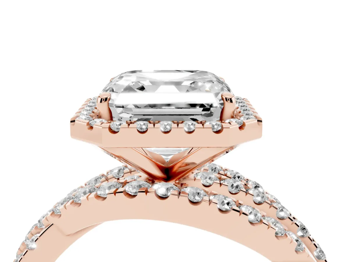 Asscher Cut Diamond Halo Ring with Round Split Shank and Prong Setting Rose gold