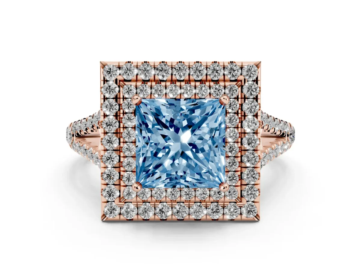 Fancy Blue Princess Cut Diamond Double Halo Ring with Pavé Band and Prong Setting Rose gold
