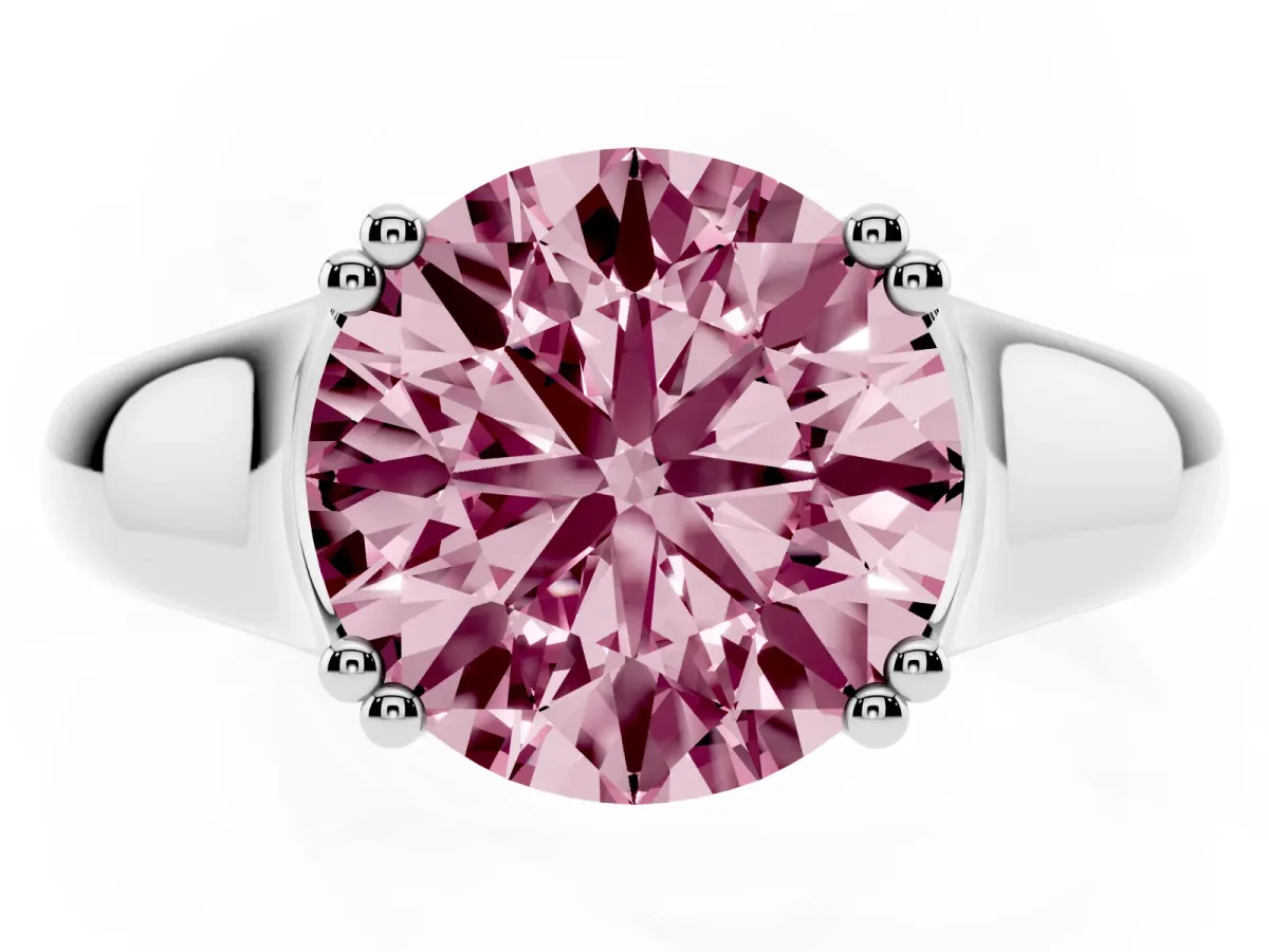 Fancy Pink Round Cut Diamond Solitaire Ring with Wide Band and Prong Setting Silver