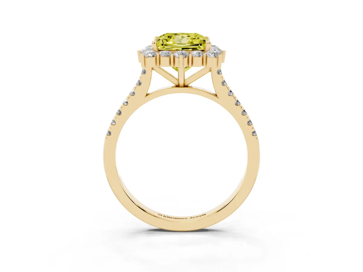 Fancy Yellow Princess Cut Halo Diamond Ring with Pavé Band and Prong Setting Yellow gold
