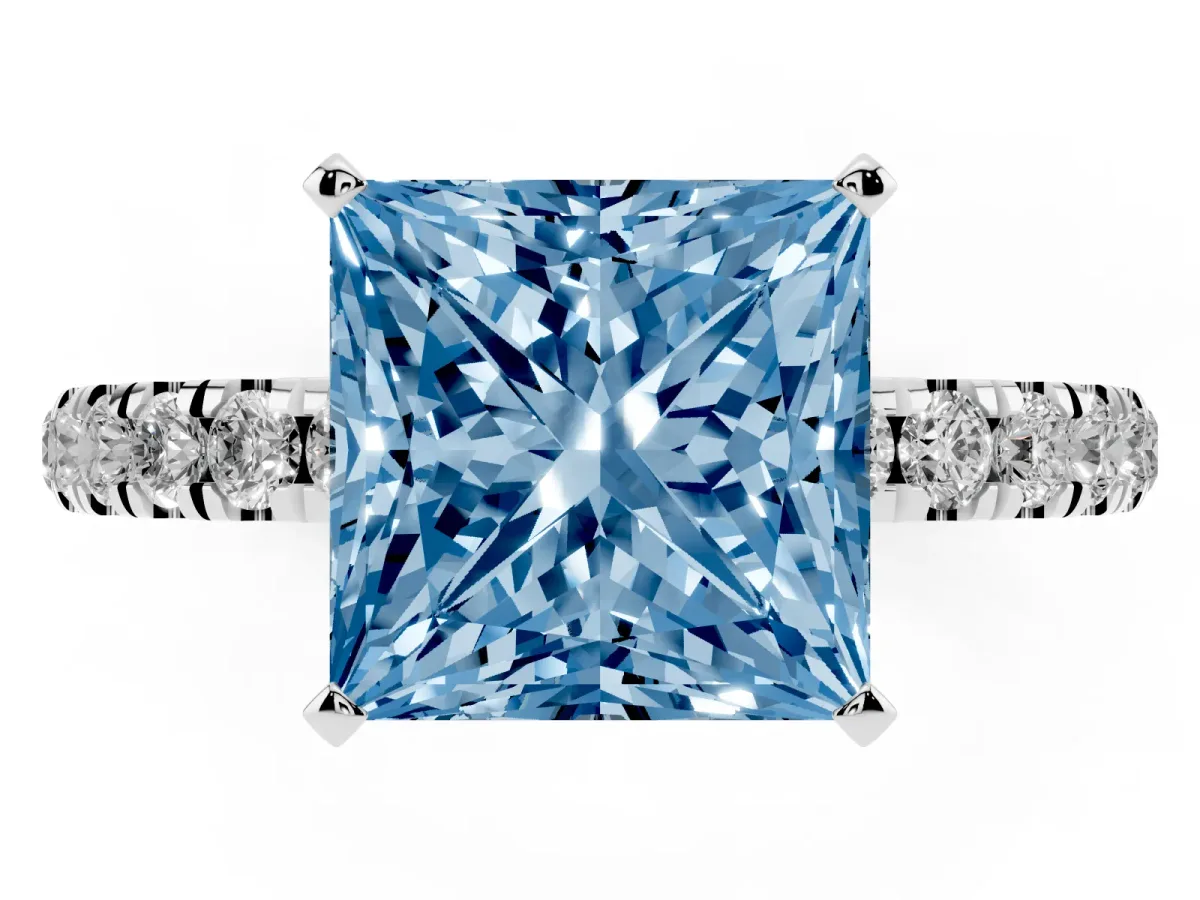Fancy Blue Princess Cut Diamond Solitaire Ring with Pavé Accents and Four-Prong Setting Platinum