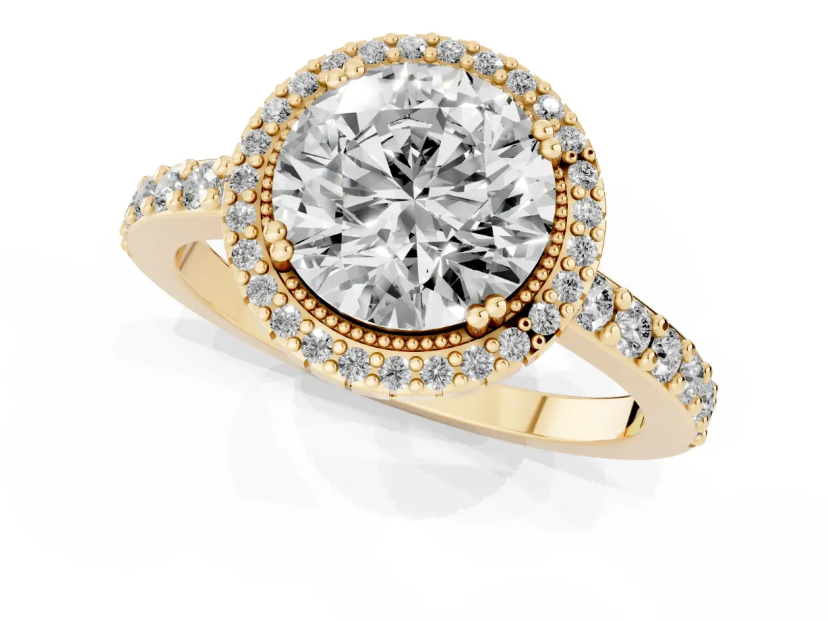 Round Cut Cut Diamond Halo Engagement Ring with Milgrain Detail and Pavé Band Yellow gold