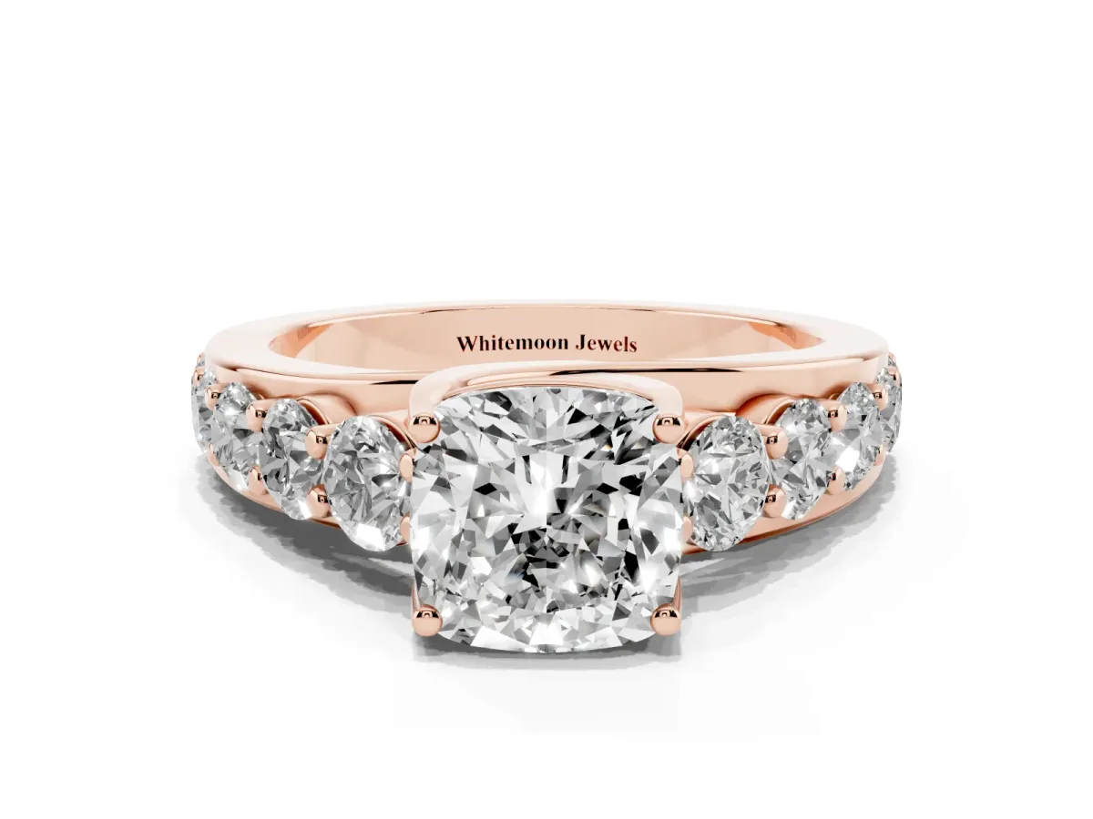 Cushion Cut Diamond Engagement Ring with Pavé Band and Four-Prong Setting Rose gold