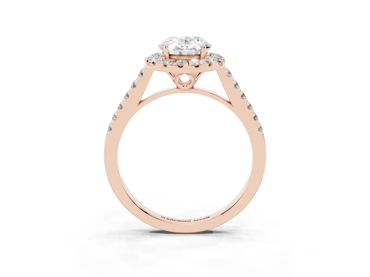 Oval Cut Halo Pavé Diamond Engagement Ring with Four-Prong Setting Rose gold