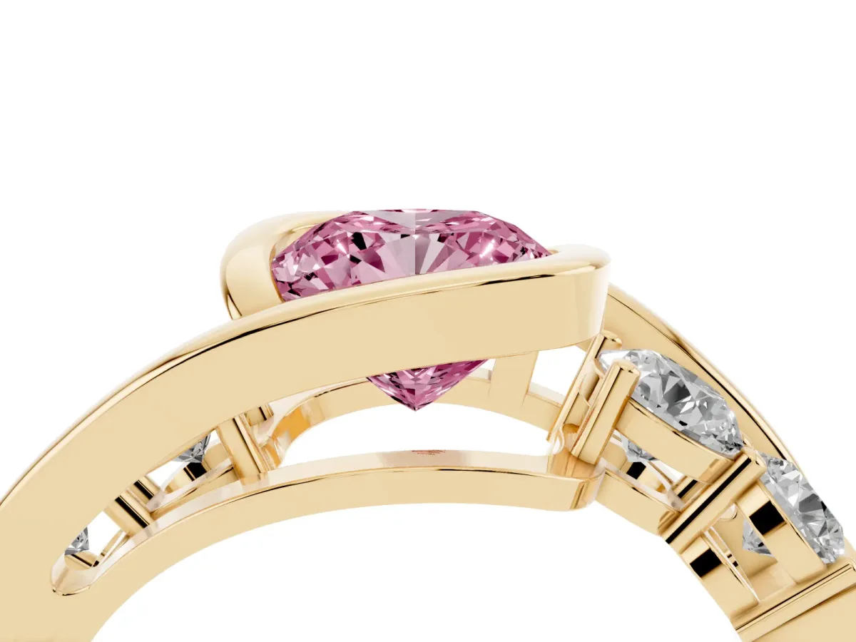 Fancy Pink Bezel Set Cushion Cut Diamond Bypass Ring with Round Accents Yellow gold