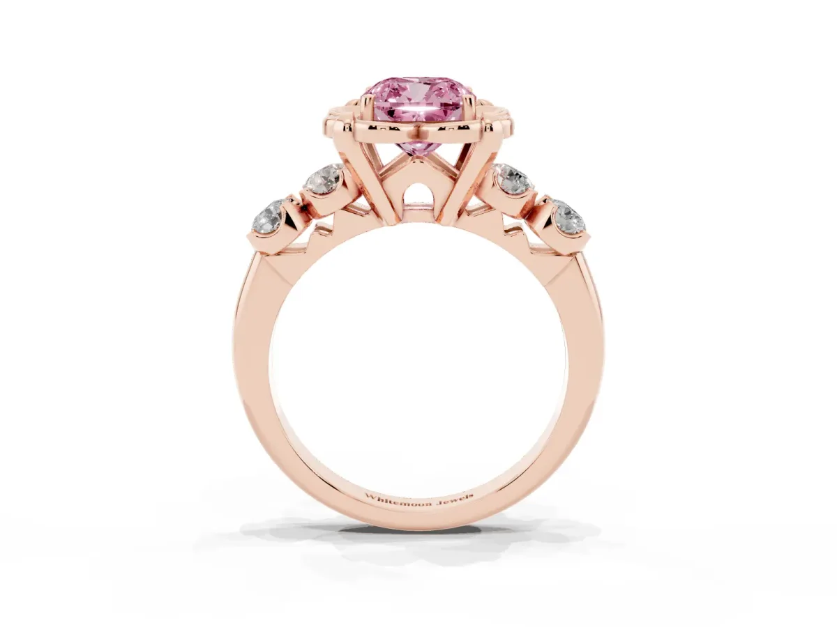 Fancy Pink Cushion Cut Cut Diamond Floral Halo Engagement Ring with Shared Prong Setting Rose gold