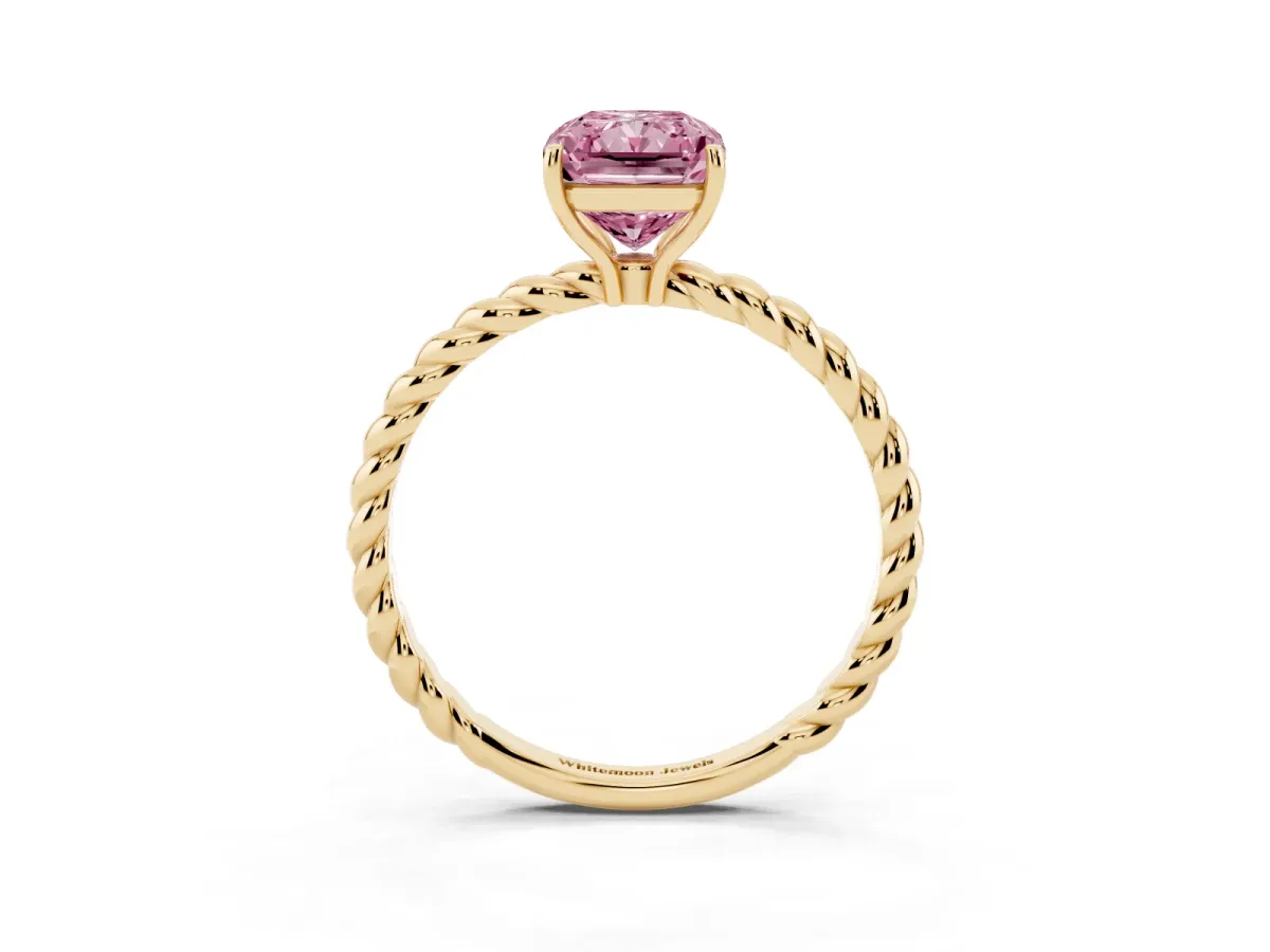 Fancy Pink Radiant Cut Solitaire Twist Band Ring with Four-Prong Setting Yellow gold