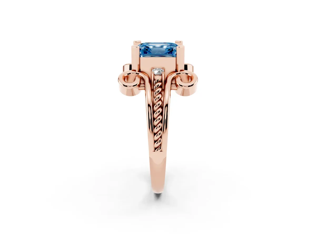 Fancy Blue Asscher Cut Solitaire Twisted Band Scroll Prong Ring Rose gold