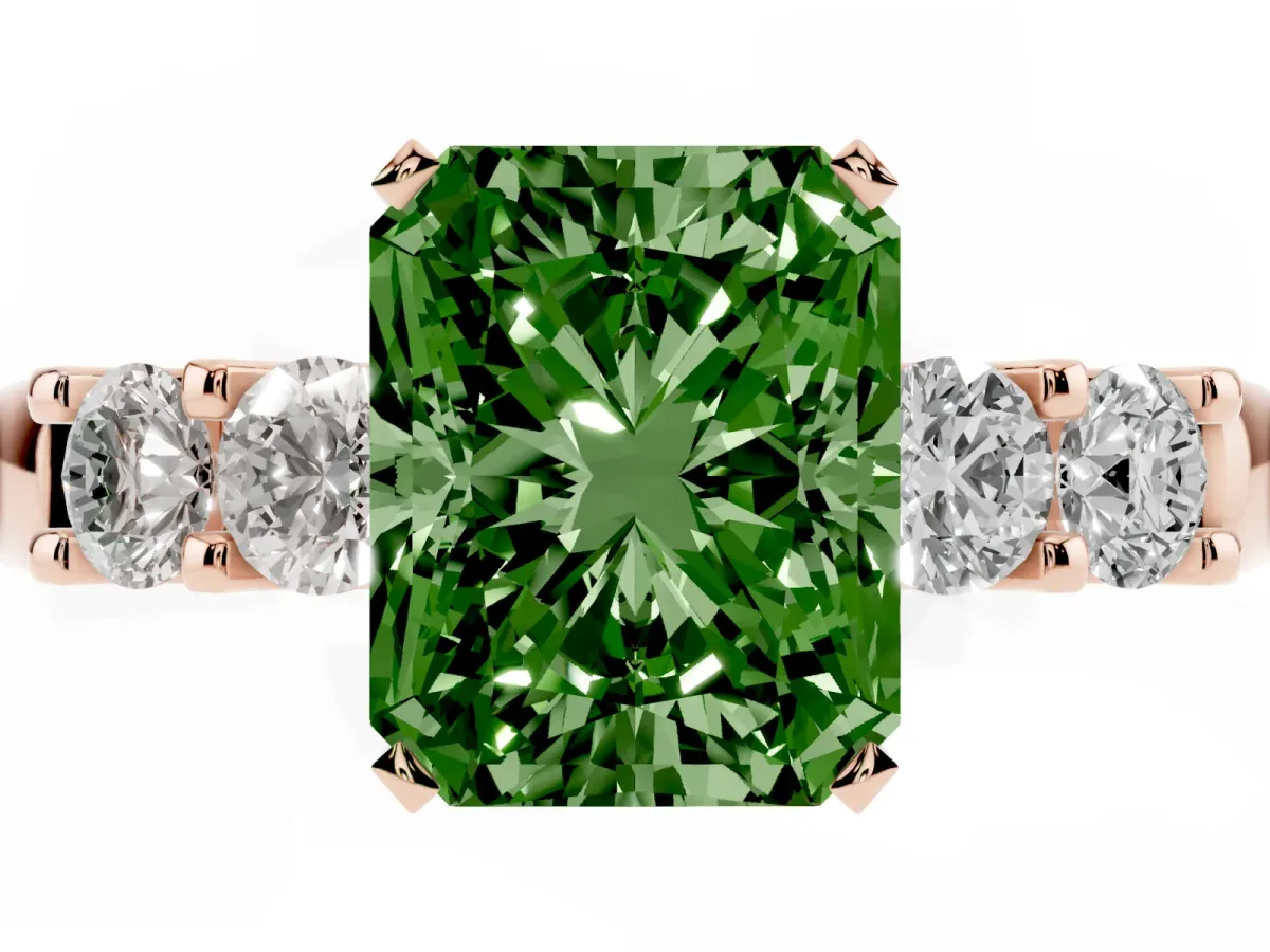 Fancy Green Radiant Cut Brilliant Cut Diamond Five-Stone Prong Set Engagement Ring with Channel Band Rose gold