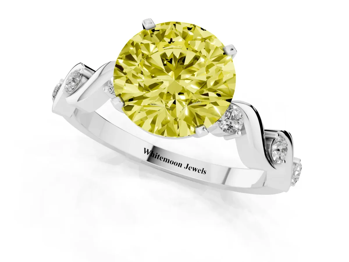 Fancy Yellow Round Cut Diamond Solitaire Twisted Band with Round Accents and Prong Setting Silver