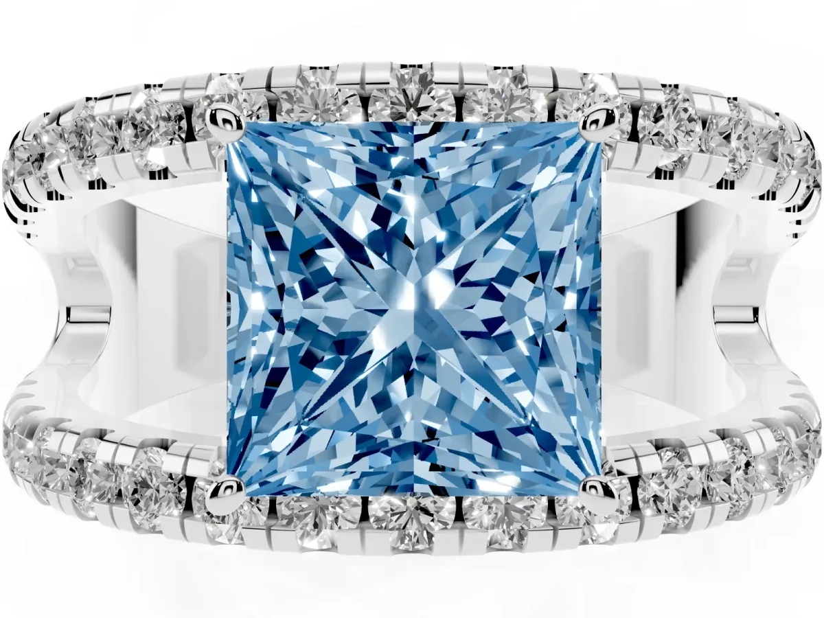 Fancy Blue Princess Cut Solitaire Split Shank Pave Diamond Ring Platinum