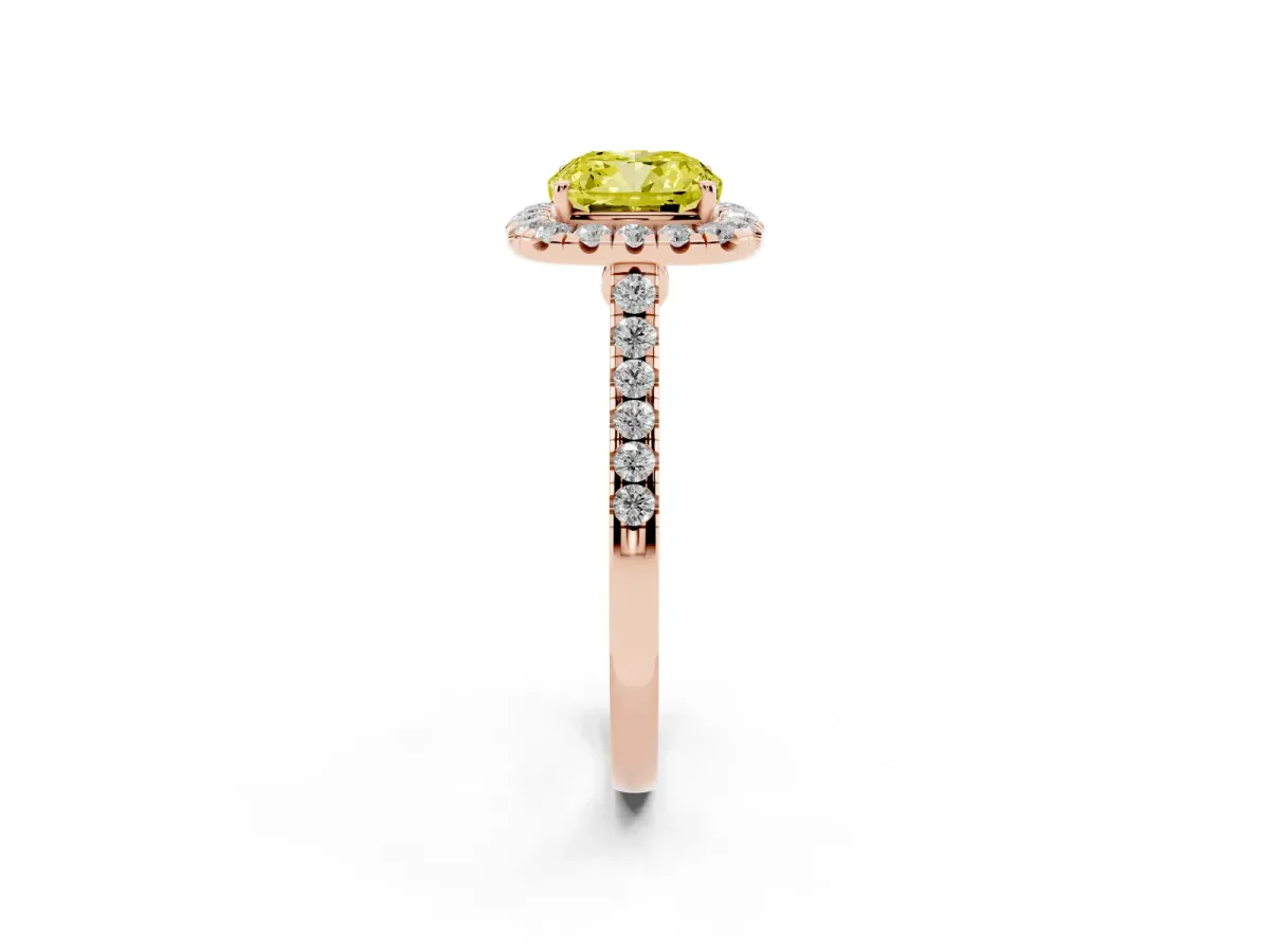 Fancy Yellow Cushion Cut Halo Pave Diamond Engagement Ring with Four-Prong Setting Rose gold