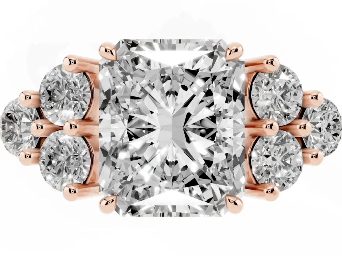 Radiant Cut Brilliant Diamond Cluster Accent Solitaire Ring with Prong Setting Rose gold
